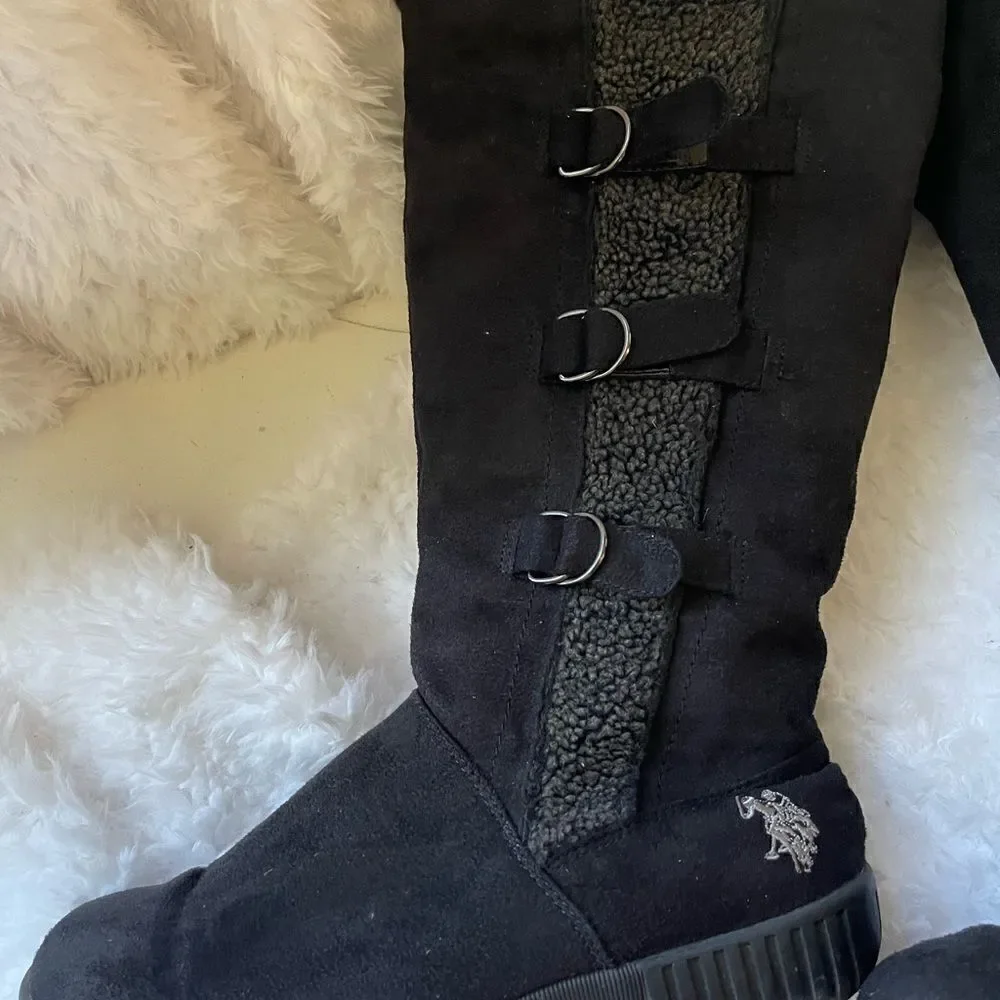 US Polo Assn black faux suede mid  calf pull on boots rubber soles size 11
